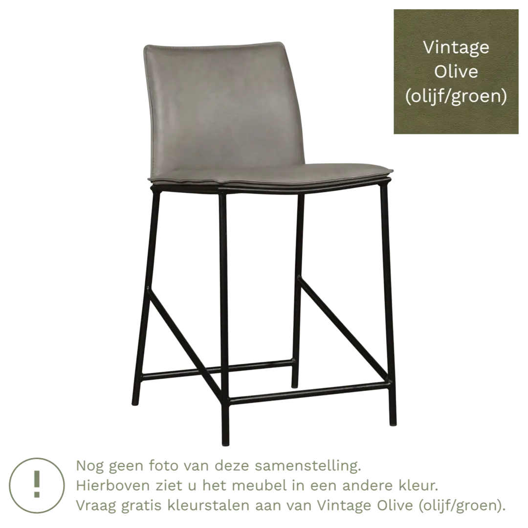 afbeelding van Leren barkruk laag Favor - Vintage Olive (olijf/groen) - poten staal rond zwart